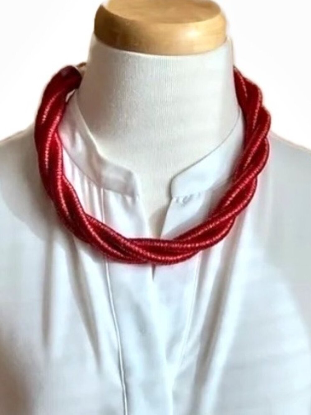 Vintage Red Twisted Rope Choker Statement Necklace Gold Tone OS